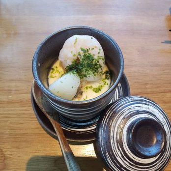 Shinya Shokudo - Steamed egg with mushroom, scallop and shrimp - Izakaya Near Me - Seattle, Washington Shinya Shokudo - Steamed egg with mushroom, scallop and shrimp - Izakaya Near Me - Seattle, Washington