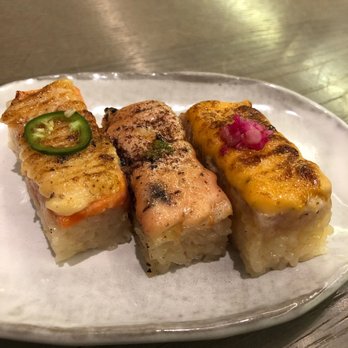 TORA - From L-R: torched salmon, torched shrimp and torched tuna - Japanese Near Me - Toronto, Ontario TORA - From L-R: torched salmon, torched shrimp and torched tuna - Japanese Near Me - Toronto, Ontario