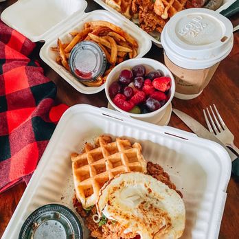 Locals Farm Market - Chicken and waffles x2, one with extra sausage and fries, one with a fruit cup and an egg. + vanilla lavender chai latte b - Coffee & Tea Near Me - Poolesville, Maryland Locals Farm Market - Chicken and waffles x2, one with extra sausage and fries, one with a fruit cup and an egg. + vanilla lavender chai latte b - Coffee & Tea Near Me - Poolesville, Maryland