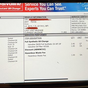 Valvoline Instant Oil Change - The receipt for service. - Oil Change Stations Near Me - Norco, California Valvoline Instant Oil Change - The receipt for service. - Oil Change Stations Near Me - Norco, California