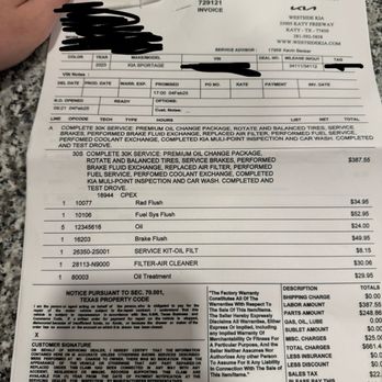 Westside Kia - Receipt - Car Dealers Near Me - Katy, Texas