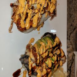 Red Fish Sushi Asian Bistro - Mardi Gras roll (top) Monster roll (bottom)