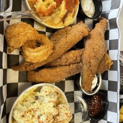 The Spot - Fried fish and shrimp with mac n cheese and potato salad