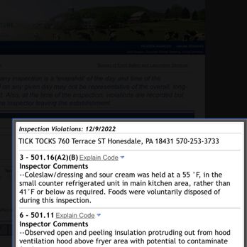 Tick Tock's on Terrace - PA Food and Safety Violations - New American Near Me - Honesdale, Pennsylvania Tick Tock's on Terrace - PA Food and Safety Violations - New American Near Me - Honesdale, Pennsylvania