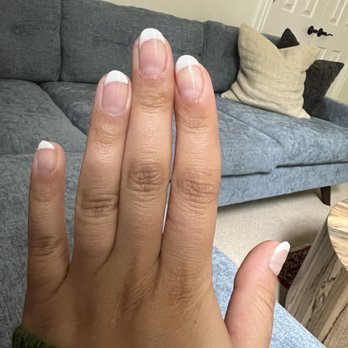 Ultra Nail Boutique - Here's what I got. Look at the 3 fingers from the left--totally uneven and messy lines. Not at all like the picture I showed her. - Nail Salons Near Me - Charlotte, North Carolina Ultra Nail Boutique - Here's what I got. Look at the 3 fingers from the left--totally uneven and messy lines. Not at all like the picture I showed her. - Nail Salons Near Me - Charlotte, North Carolina