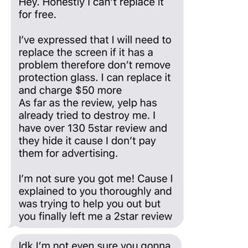 Phone Repair Doctors - Text he sent me Today after our conversation in which HE offered to fix the screen - Mobile Phone Repair Near Me - Houston, Texas