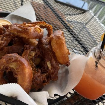 Okoboji Dough Co - Busch Lite beer battered onion rings - Pizza Near Me - Arnolds Park, Iowa Okoboji Dough Co - Busch Lite beer battered onion rings - Pizza Near Me - Arnolds Park, Iowa