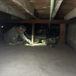 Dimas crawling in the home's crawlspace to inspect foundation.