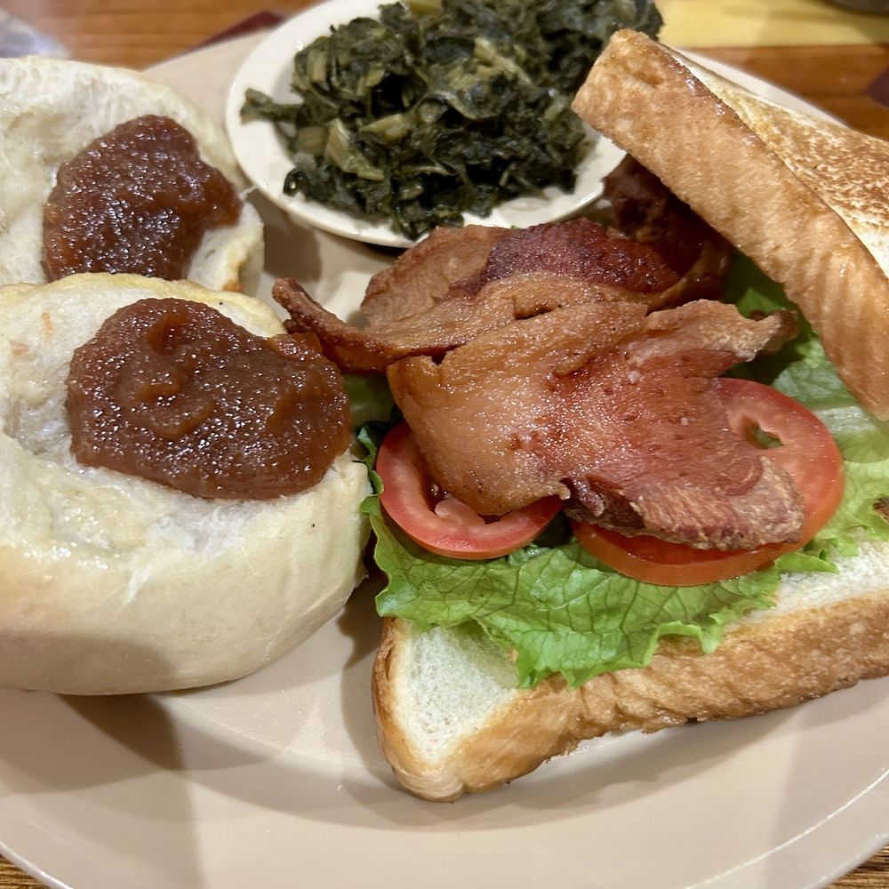 JLT Hog Jowl Bacon, lettuce and tomato with Turnip Greens and Throwed Rolls with Apple butter. JLT Hog Jowl Bacon, lettuce and tomato with Turnip Greens and Throwed Rolls with Apple butter.