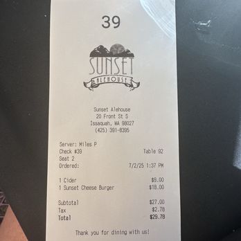 Sunset Alehouse - The receipt. - Burgers Near Me - Issaquah, Washington