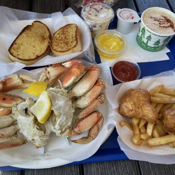 Ecola Seafoods - Dungeness crab combo (+cole slaw, garlic toast, clam chowder, soda) and Halibut fish and chips - Seafood Near Me - Cannon Beach, Oregon