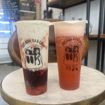 Oops Boba Tea & Coffee - left: Dirty strawberry milk Right: Strawberry Passionfruit green tea - Bubble Tea Near Me - Arcadia, California Oops Boba Tea & Coffee - left: Dirty strawberry milk Right: Strawberry Passionfruit green tea - Bubble Tea Near Me - Arcadia, California