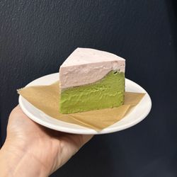 Platform 909 - Matcha Basque Cheesecake with fresh strawberry cream!