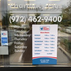Pharmacy Plus - Hours changed a while ago, but never updated here. Actual hours are 9-7 M-F and 9-3 Sat, closed Sun.