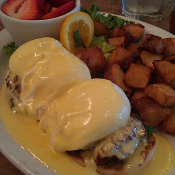 Rosine's Restaurant - Crab cake Benedict. $13.99 w a big portion of potatoes and strawberries. - American Near Me - Monterey, California Rosine's Restaurant - Crab cake Benedict. $13.99 w a big portion of potatoes and strawberries. - American Near Me - Monterey, California