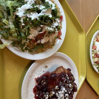 Mitsitam Cafe - Fry Bread Taco with Chicken Chilli and Fry Bread Dessert with Cherries - American Near Me - Washington, DC, District of Columbia Mitsitam Cafe - Fry Bread Taco with Chicken Chilli and Fry Bread Dessert with Cherries - American Near Me - Washington, DC, District of Columbia
