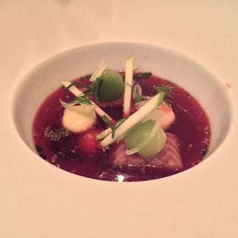 Pollen Street Social - Lincolnshire smoked eel & beetroot broth, buttermilk, horseradish & "jellied eel" - British Near Me - London, XGL