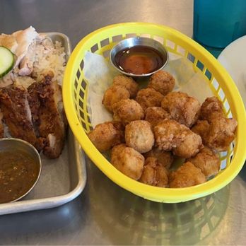 What Da Chick - [From left to right] Combo Chick Rice (what da chick & crispy chicken), Popcorn Chicken, Da Chick Bun - Thai Near Me - Watertown, Massachusetts