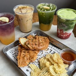 Indigo lemonade refresher / Banana caramel latte / Mango matcha tonic / Double strawberry matcha cream / Sriracha chicken croffle Indigo lemonade refresher / Banana caramel latte / Mango matcha tonic / Double strawberry matcha cream / Sriracha chicken croffle