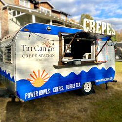 Tin Can Co - Our vintage blue-and-white food trailer brings charm and delicious made-to-order crepes and power bowls to private & public events!