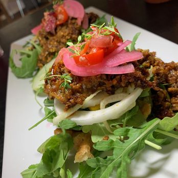 Juice By J - Vegan "Burger": Jackfruit, Lentils, Garbanzo, Watercress, Beet, Summer Squash, Pickled Onions, Golden Beets, Arugula on a Sweet Potato Waffl - Vegan Near Me - Grand Rapids, Michigan Juice By J - Vegan "Burger": Jackfruit, Lentils, Garbanzo, Watercress, Beet, Summer Squash, Pickled Onions, Golden Beets, Arugula on a Sweet Potato Waffl - Vegan Near Me - Grand Rapids, Michigan