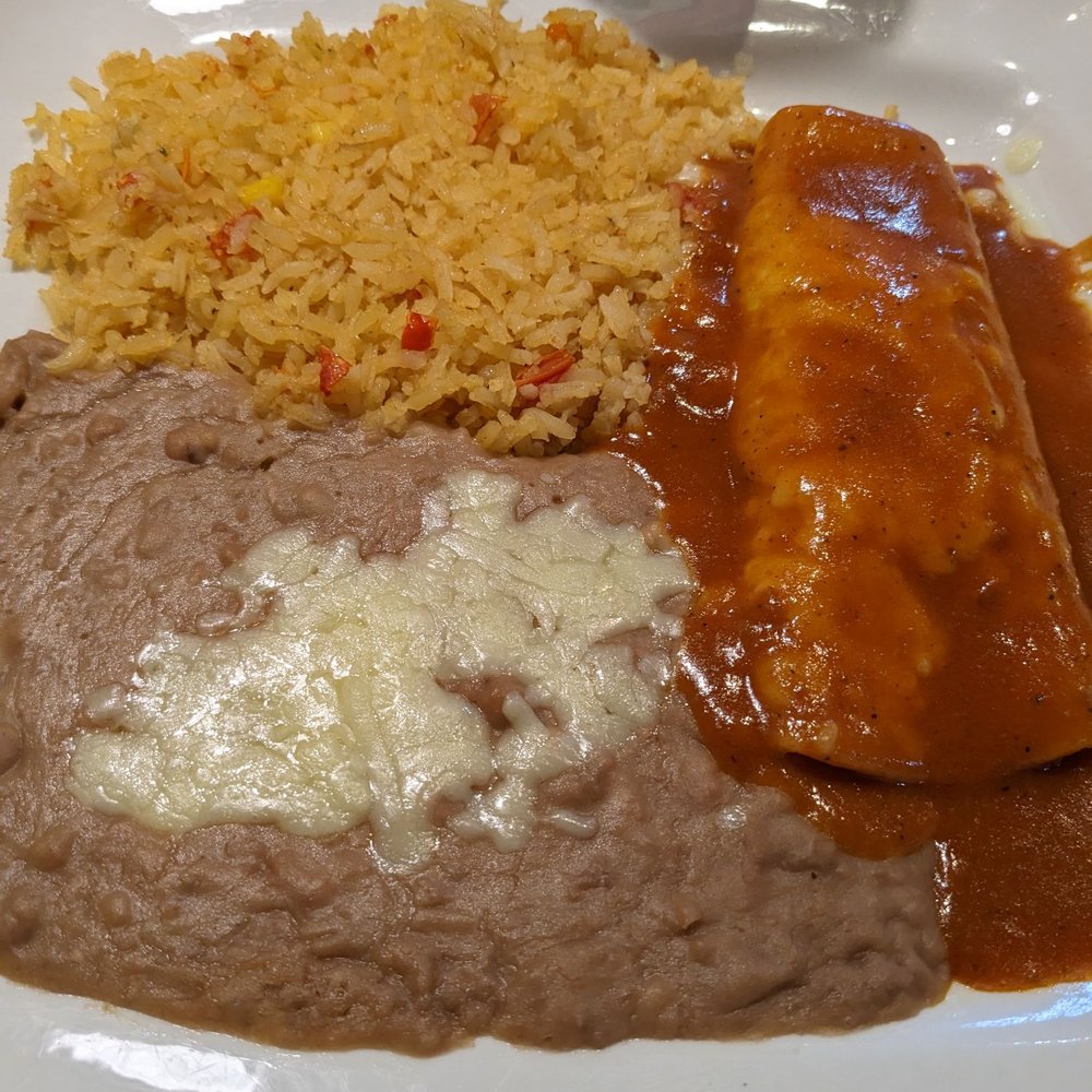 Cheese enchilada, rice, beans Cheese enchilada, rice, beans