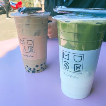 Muse Tea - (Left)milk tea with boba 50% sugar (Right)matcha milk tea with aloe Vera - Bubble Tea Near Me - Houston, Texas Muse Tea - (Left)milk tea with boba 50% sugar (Right)matcha milk tea with aloe Vera - Bubble Tea Near Me - Houston, Texas