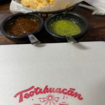 Teotihuacan Mexican Cafe - Green and red hot sauce with chips - Mexican Near Me - Houston, Texas Teotihuacan Mexican Cafe - Green and red hot sauce with chips - Mexican Near Me - Houston, Texas