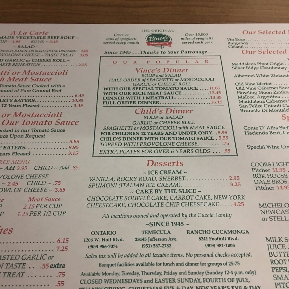 Vince's Spaghetti - Italian Near Me - Ontario, California Vince's Spaghetti - Italian Near Me - Ontario, California