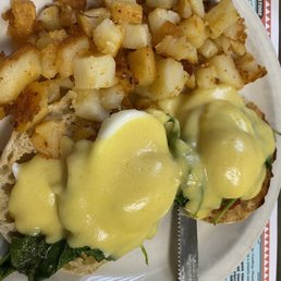 Caprese Eggs Benedict. Spinach, tomato, hollandaise yum