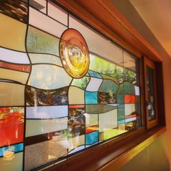 Unique Art Glass - Custom leaded glass panel with colorful privacy glass and custom rondel