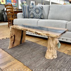 Johnson Furniture - Mesquite Waterfall cocktail table by local craftsman Sky Pilot and the 3333 series sofa by Mayo