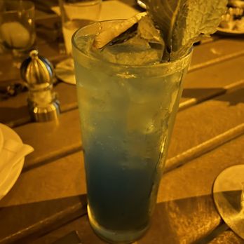 The Strand at Carillon Miami - Collins on Collins cocktail w blue curacoa, The Strand Waterfront Restaurant, Carrillon Resort, South Beach, Miami - Seafood Near Me - Miami Beach, Florida