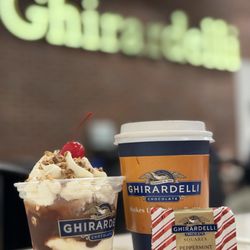 Ghirardelli Ice Cream & Chocolate Factory Outlet - Mini Chocolate sundae and Peppermint hot cocoa