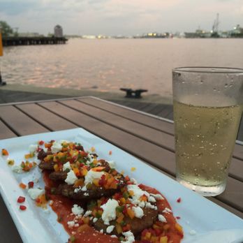 Ampersea - Fried green tomatoes and hard cider plus glorious sunset. - New American Near Me - Baltimore, Maryland