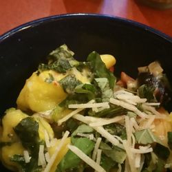 Chefs choice plated pasta, tortellini with mushroom cream sauce and fresh basil.