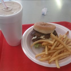 Ginny's Kitchen and Custards - Double cheese burger with the works and fries with chocolate shake.