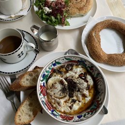 Poached Eggs with Garlic Labne and Chili Oil + Sesame Simit + Spinach Pie