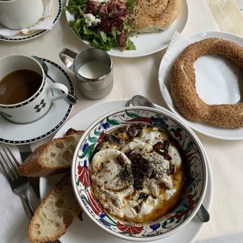Bunny - Poached Eggs with Garlic Labne and Chili Oil + Sesame Simit + Spinach Pie - Turkish Near Me - Brooklyn, New York