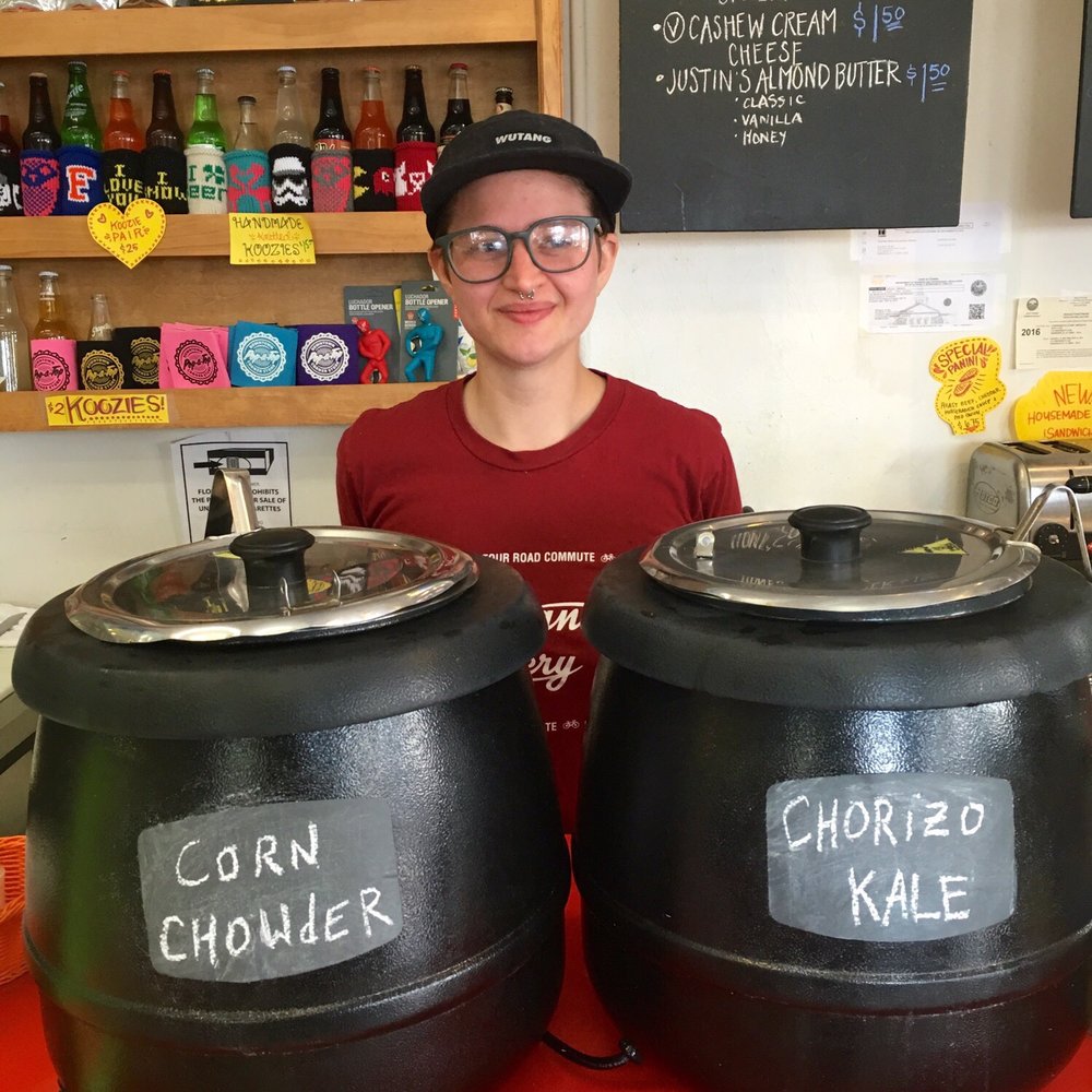 The lovely Ali showing off today's soup selection!