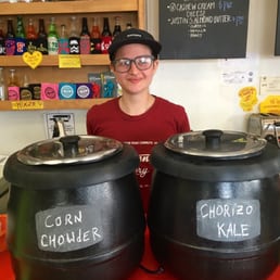 The lovely Ali showing off today's soup selection!