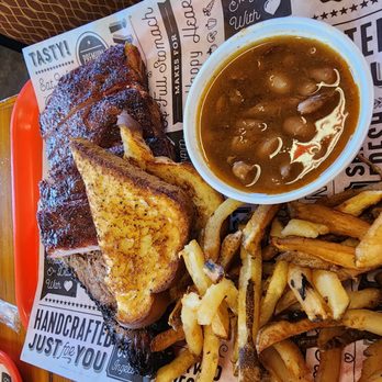 Ernie's Pit Barbecue - 2 meat plate ribs, brisket, brisket beans, and fries - Barbeque Near Me - Greenville, Texas Ernie's Pit Barbecue - 2 meat plate ribs, brisket, brisket beans, and fries - Barbeque Near Me - Greenville, Texas