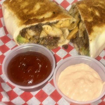 Burger Haven - Cali Burrito ground beef, fries, grilled onions, haven sauce  and cheddar ! Side of jalapeno ketchup! - Burgers Near Me - McKinney, Texas