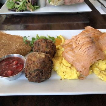 Blue Daisy - Organic Organic Scrambled Eggs & Smoked Salmon with Zucchini Zucchini Hash Browns and A crepe with Jam - Creperies Near Me - Santa Monica, California Blue Daisy - Organic Organic Scrambled Eggs & Smoked Salmon with Zucchini Zucchini Hash Browns and A crepe with Jam - Creperies Near Me - Santa Monica, California