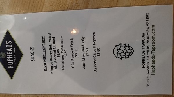 Photo of Hopheads Taproom - Woodinville, WA, US. Snacks menu