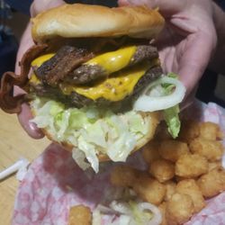 Service Creek Stage Stop Restaurant - Double cheeseburger and tots.