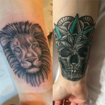 DC Tattoo - The left side is a previous lion, thankfully Jason recovered it with this beautiful skull and a touch of turquoise. - Tattoo Near Me - Daly City, California