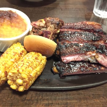 Fink's BBQ Roadhouse - The Pork Sampler platter with a side of fried corn cob (special app of the day) and their famous Sweey Corn Soufflé - American Near Me - Suffern, New York
