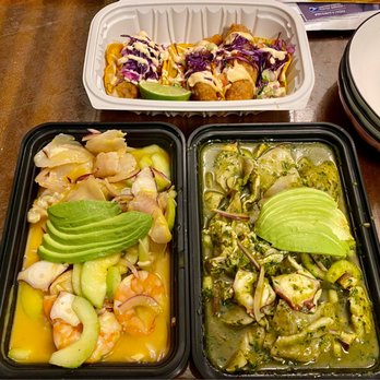 Mariscos El Submarino - Top going clockwise: 3 Fish Tacos, Aquachile Mixto Negro and Aquachile Mixto Mango Habanero - Seafood Near Me - Jackson Heights, New York Mariscos El Submarino - Top going clockwise: 3 Fish Tacos, Aquachile Mixto Negro and Aquachile Mixto Mango Habanero - Seafood Near Me - Jackson Heights, New York