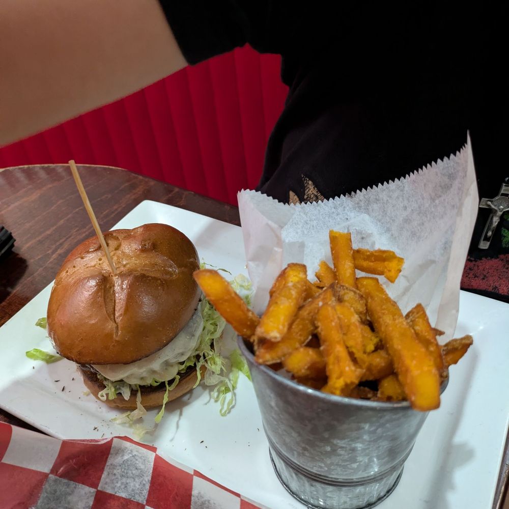 Burger and sweet potato fries Burger and sweet potato fries